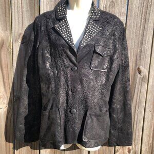 Johnny Was Medium 3J Workshop Embroidered Floral Studded Jacket Black Blazer Top